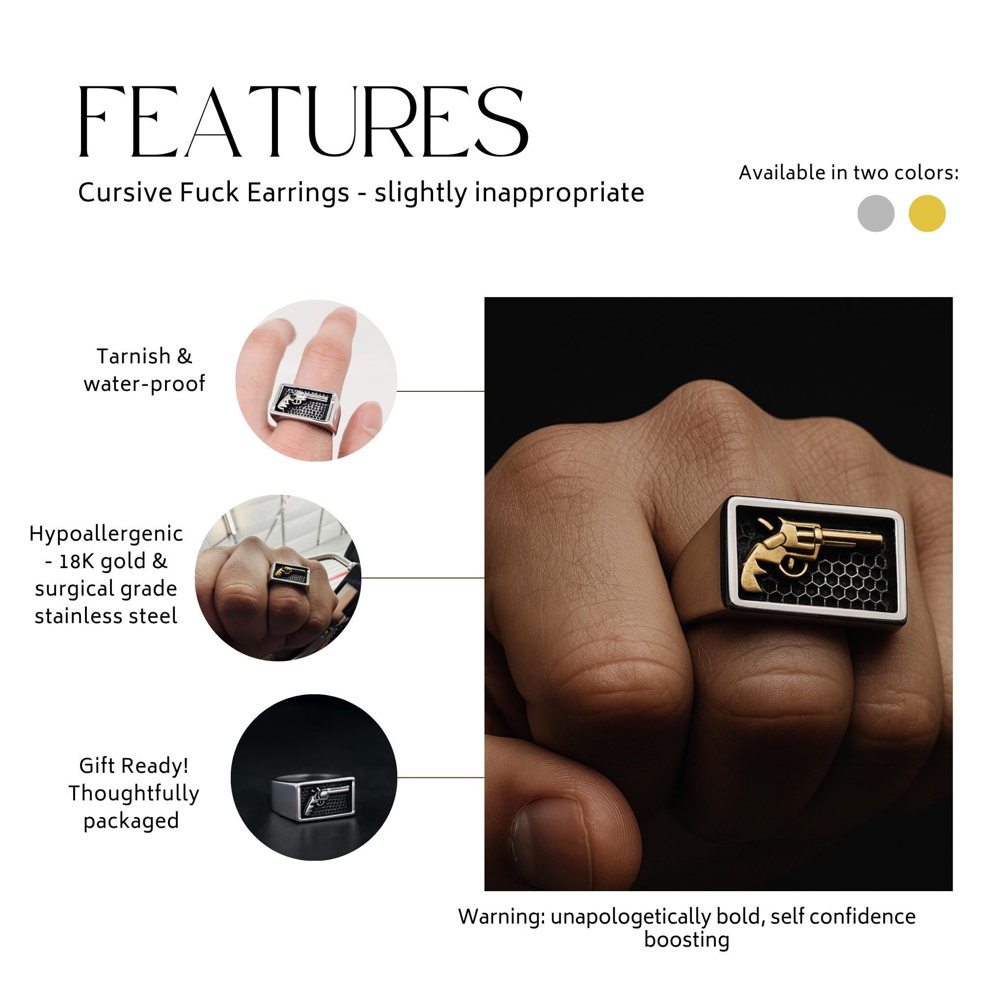 Men's Biker Ring - Pistol Revolver Gun in Silver Gold for Him - Titanium - Gifts for Men - High Quality - Unique Style