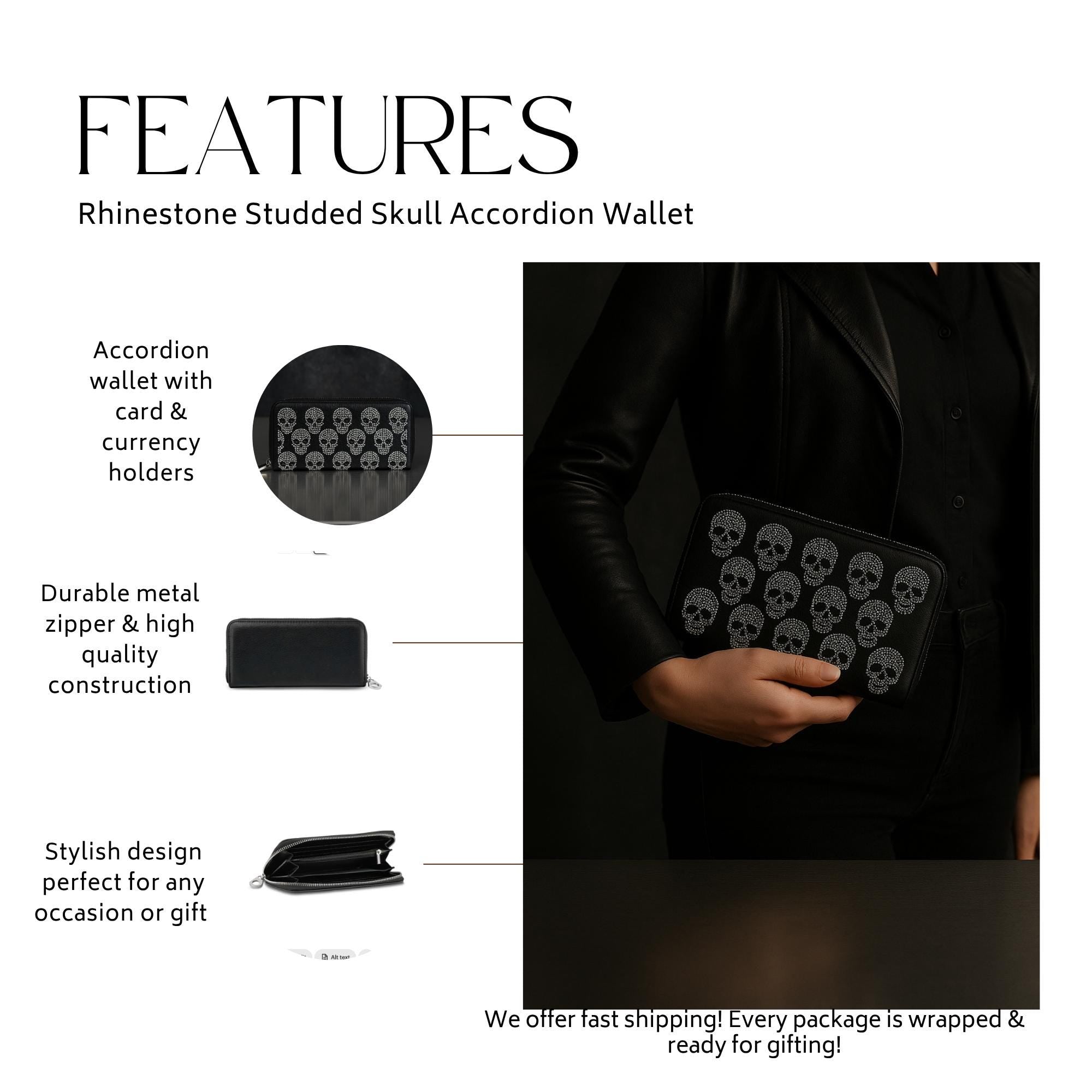 Gothic Skull Wallet: Black Faux Leather Biker Punk Style