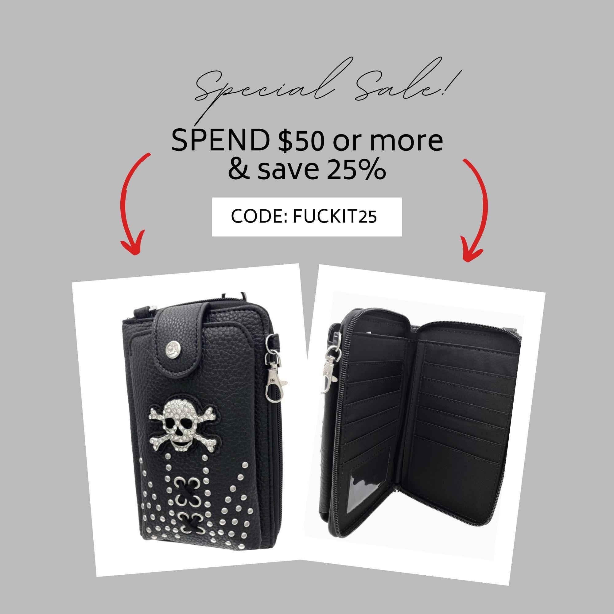 Leather Skull Crossbody Wallet: Goth Biker Purse with Rhinestones and Studs