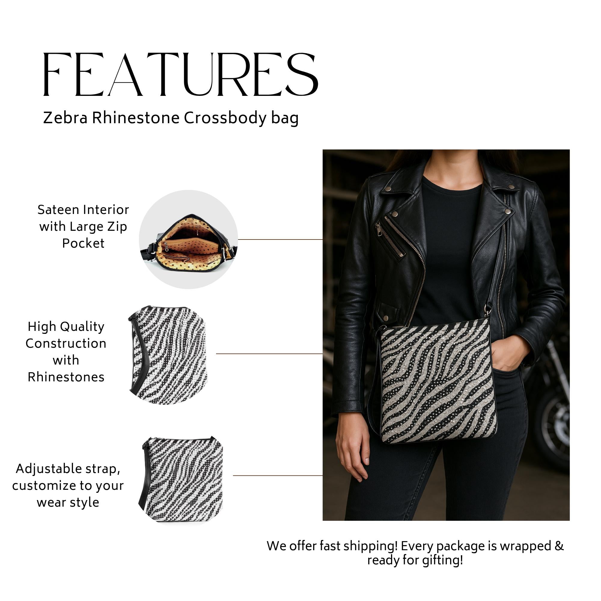 Zebra Print Rhinestone Crossbody Bag: Faux Leather Chain Handbag