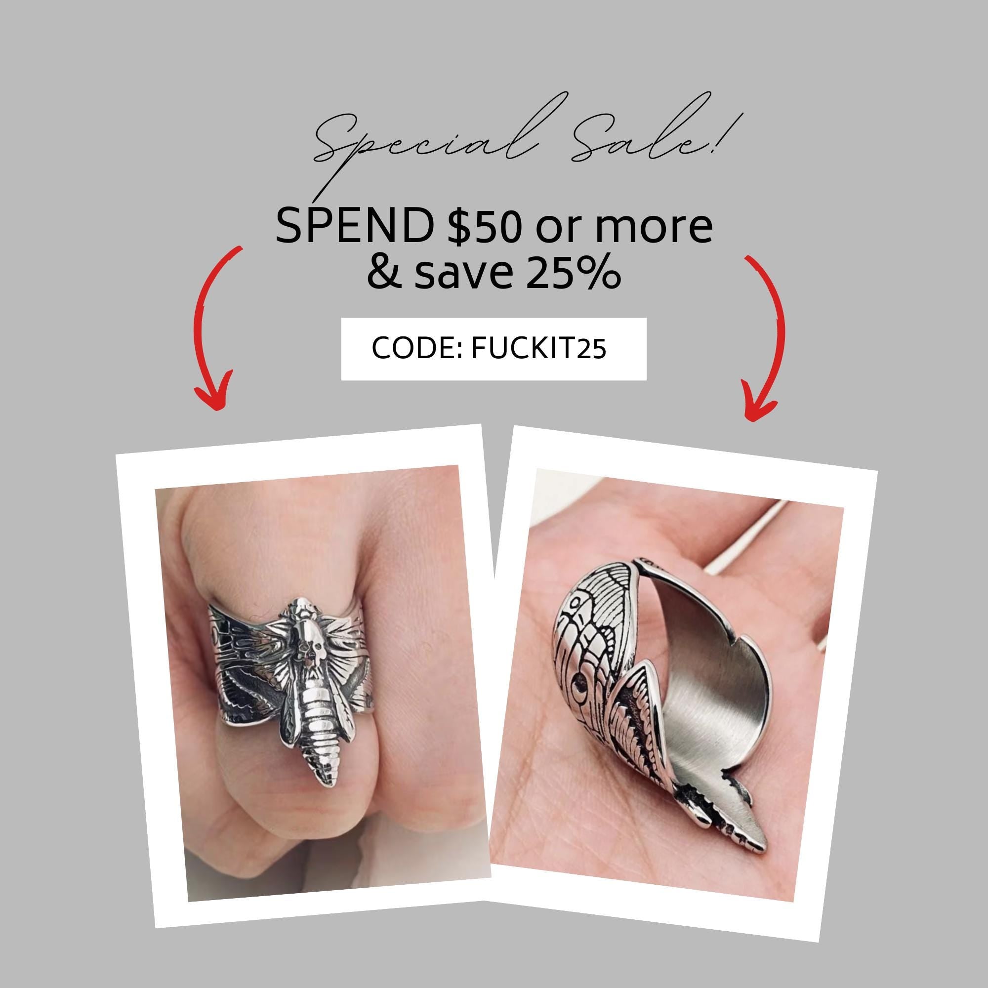 Biker Hawk Moth Ring for Men Stainless Steel Gothic Motorcycle Accessory Dead Butterfly Skull Design Biker Gift for Him