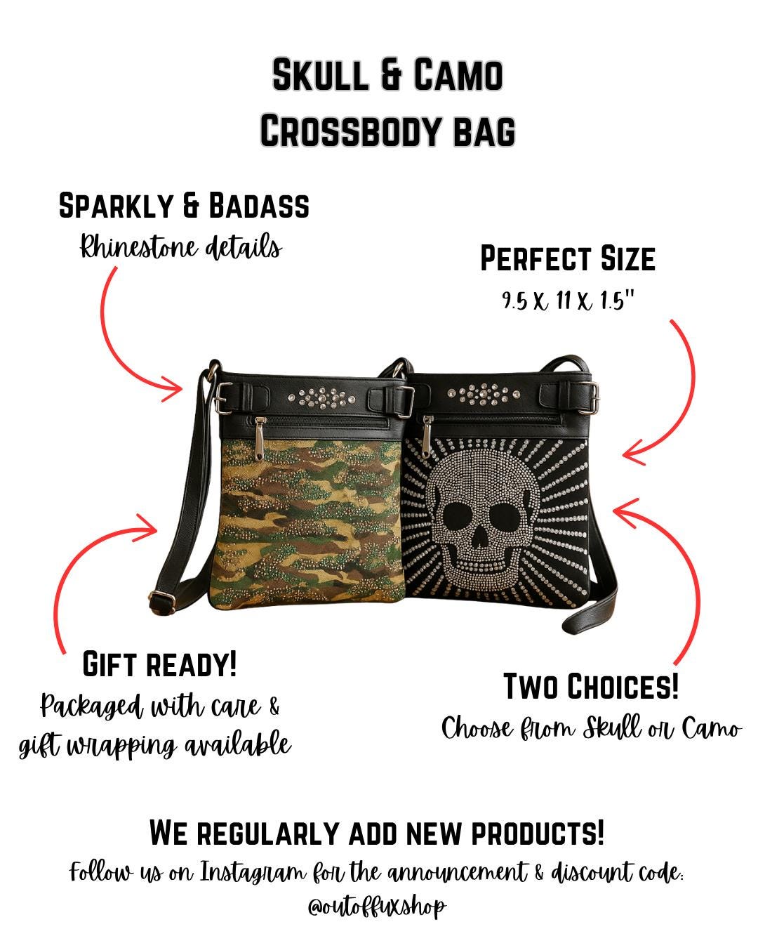 Gothic Camo & Skull Crossbody Messenger Bag - Glitter Sparkle with Polka Dot Pockets Handbag