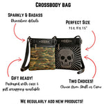 Gothic Camo & Skull Crossbody Messenger Bag - Glitter Sparkle with Polka Dot Pockets Handbag