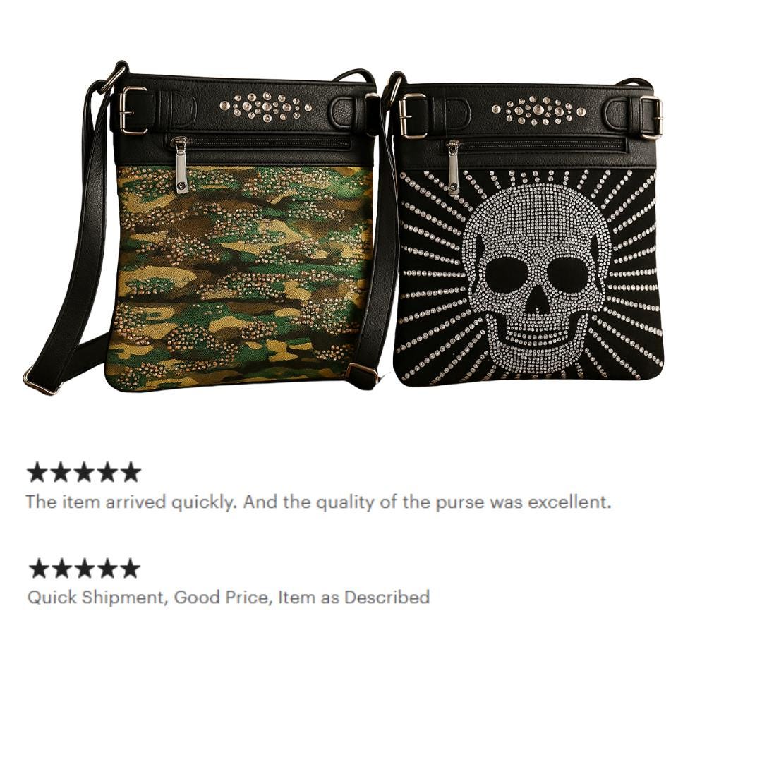 Gothic Camo & Skull Crossbody Messenger Bag - Glitter Sparkle with Polka Dot Pockets Handbag