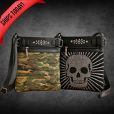 Gothic Camo & Skull Crossbody Messenger Bag - Glitter Sparkle with Polka Dot Pockets Handbag