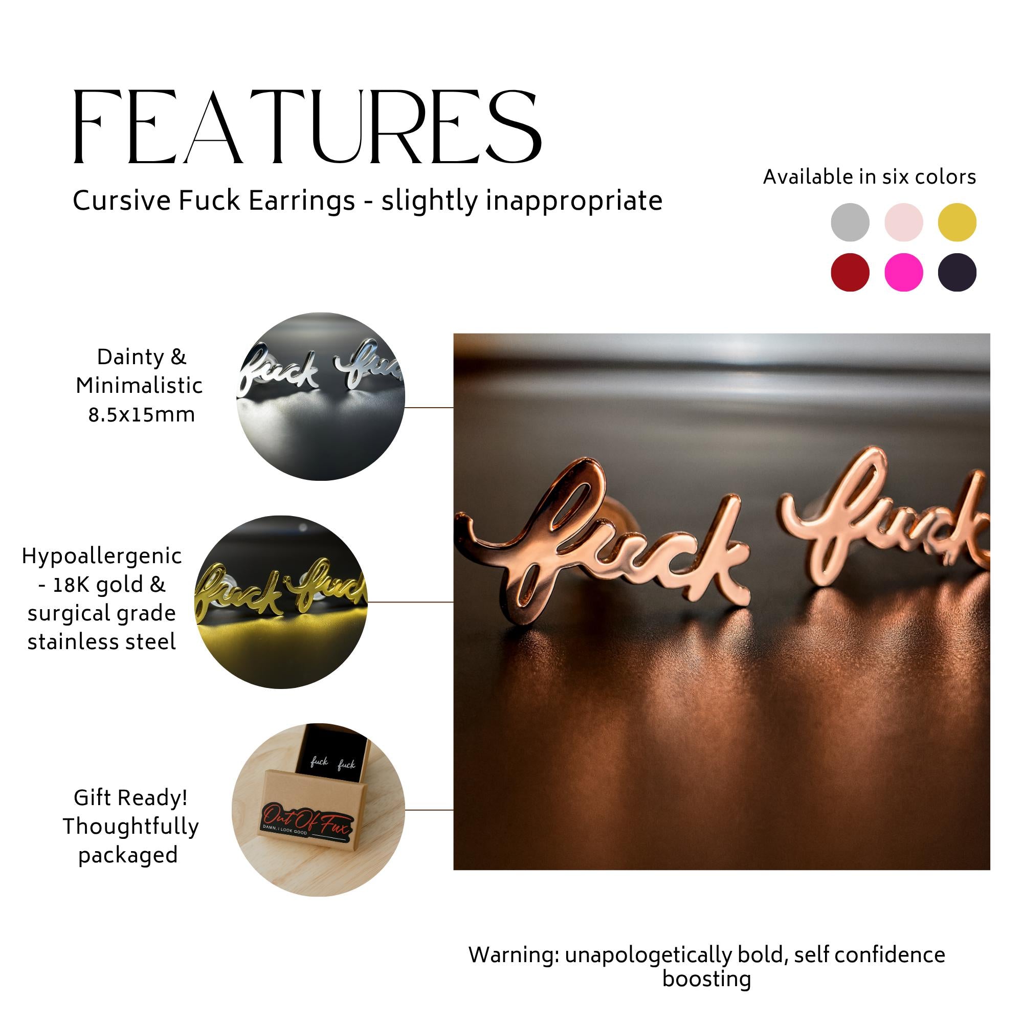 Fuck Cursive Script Earrings - Dainty Stud Swear Words Gift - Bachelorette Women Minimalist Earrings Subtle Hypoallergenic