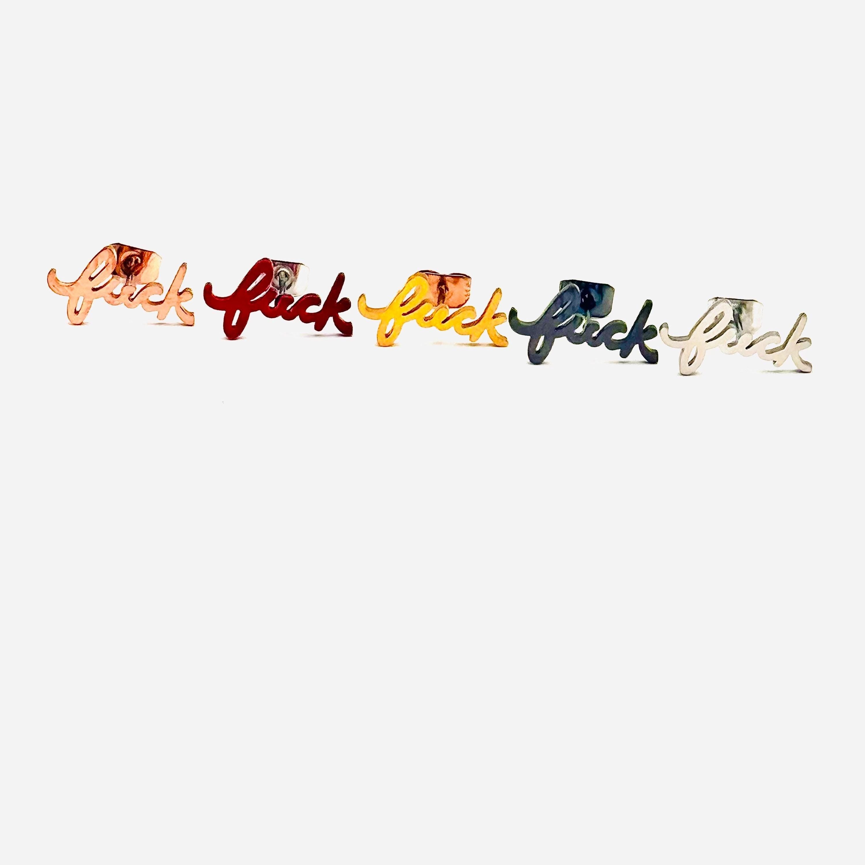 Fuck Cursive Script Earrings - Dainty Stud Swear Words Gift - Bachelorette Women Minimalist Earrings Subtle Hypoallergenic
