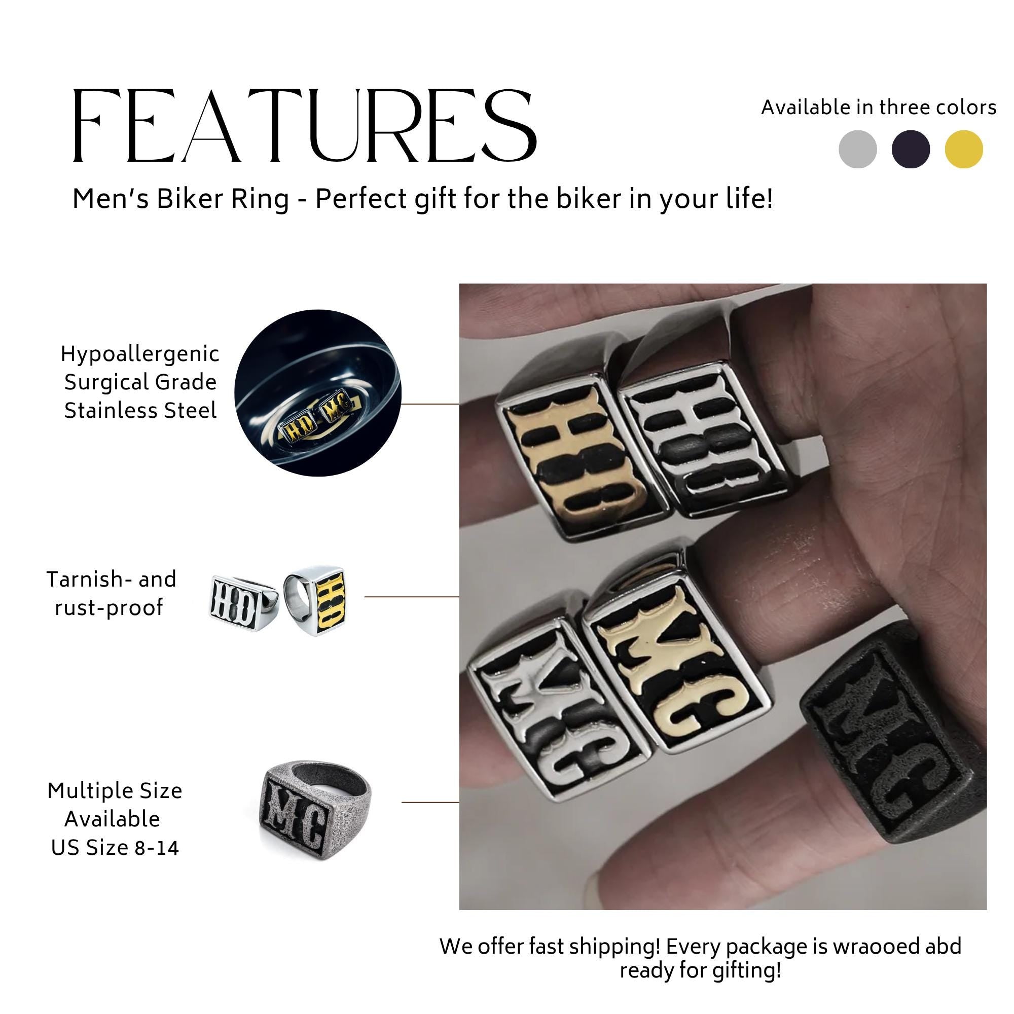 Mens Ring Biker Harley Davidson Band for Him Motorcycle Jewelry Gift HD Style MC Silver Gold for Men