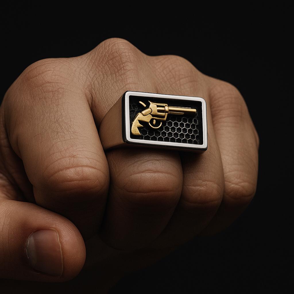 Men's Biker Ring - Pistol Revolver Gun in Silver Gold for Him - Titanium - Gifts for Men - High Quality - Unique Style