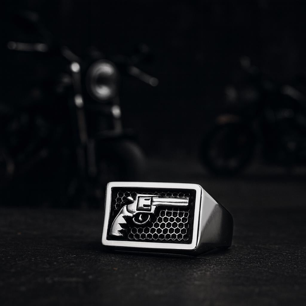 Men's Biker Ring - Pistol Revolver Gun in Silver Gold for Him - Titanium - Gifts for Men - High Quality - Unique Style