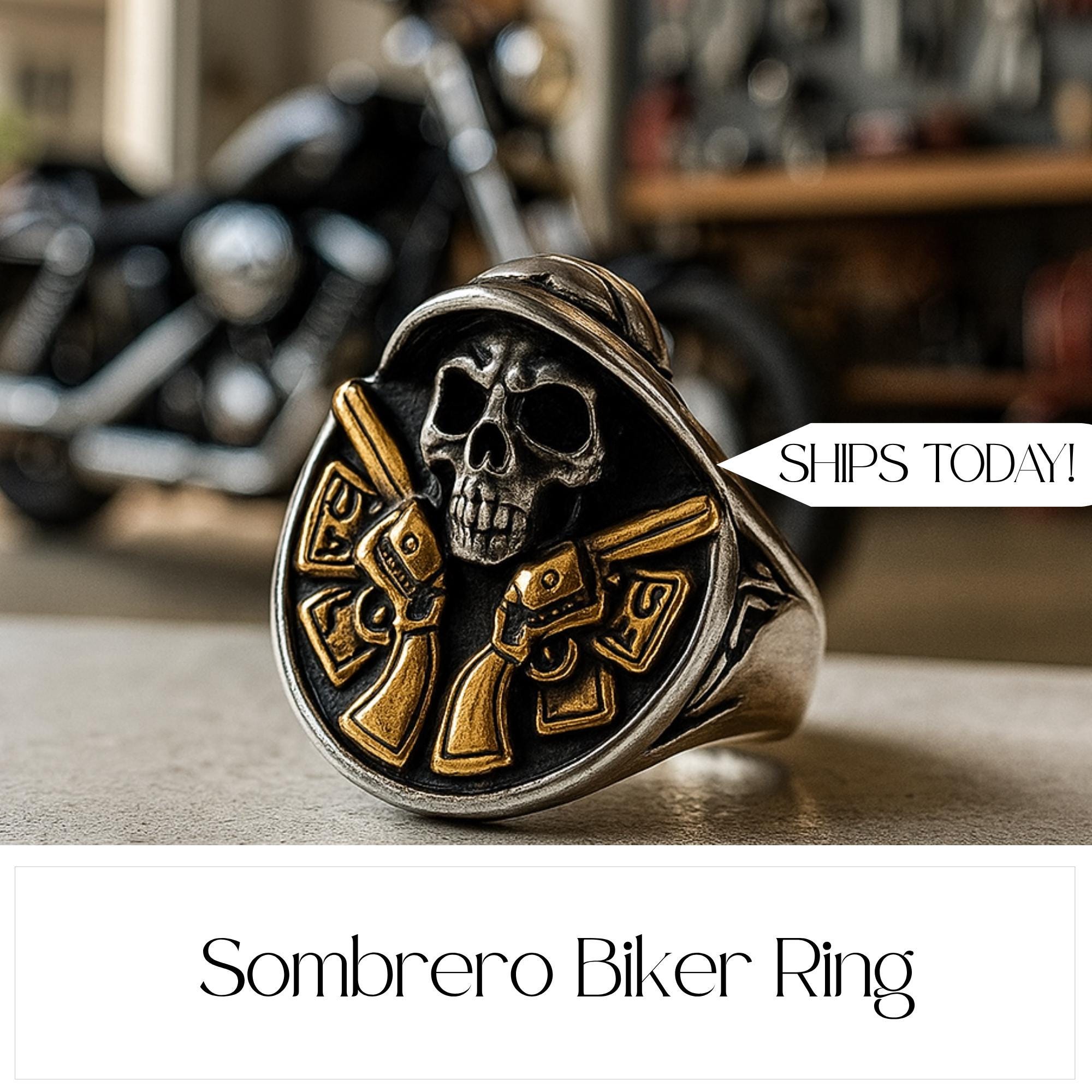 Men's Sombrero Biker Ring 18K Gold Plated Heavy Stainless Steel Chunky Mexican Bold Ring for Him