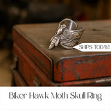 Biker Hawk Moth Ring for Men Stainless Steel Gothic Motorcycle Accessory Dead Butterfly Skull Design Biker Gift for Him