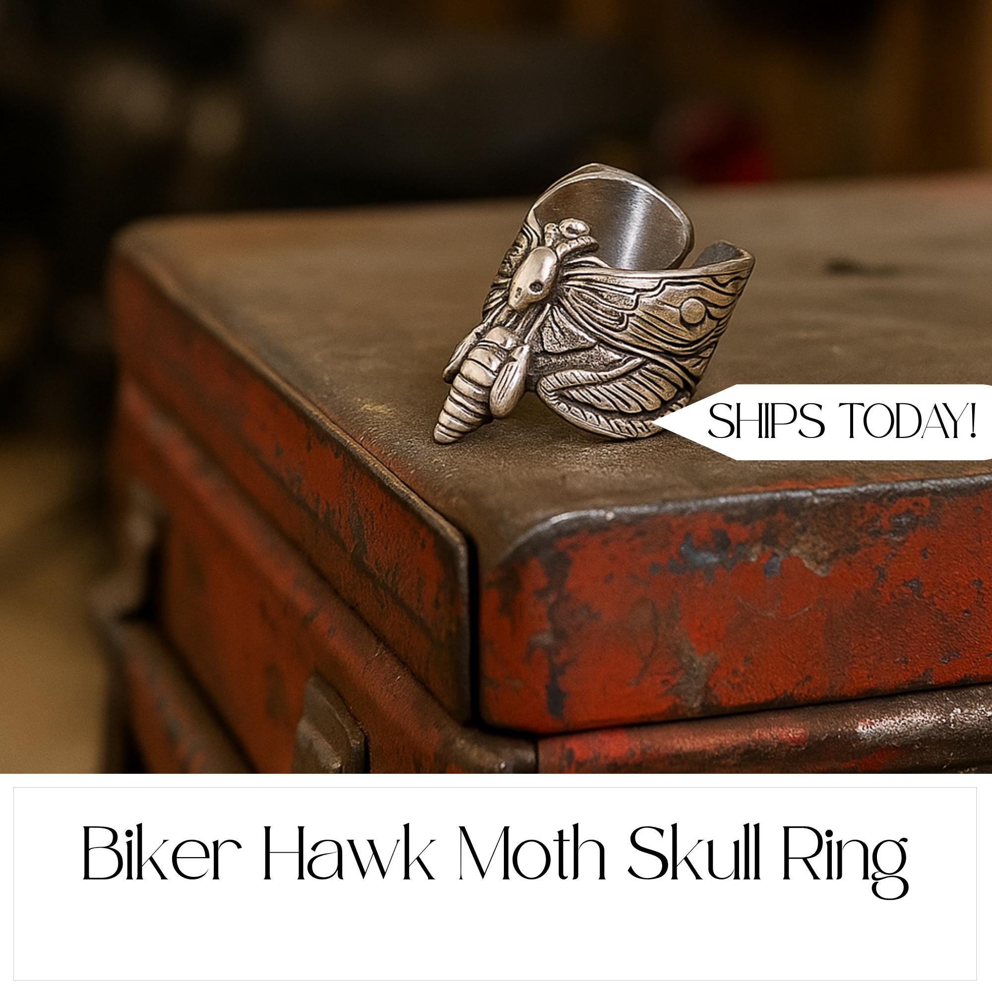 Biker Hawk Moth Ring for Men Stainless Steel Gothic Motorcycle Accessory Dead Butterfly Skull Design Biker Gift for Him