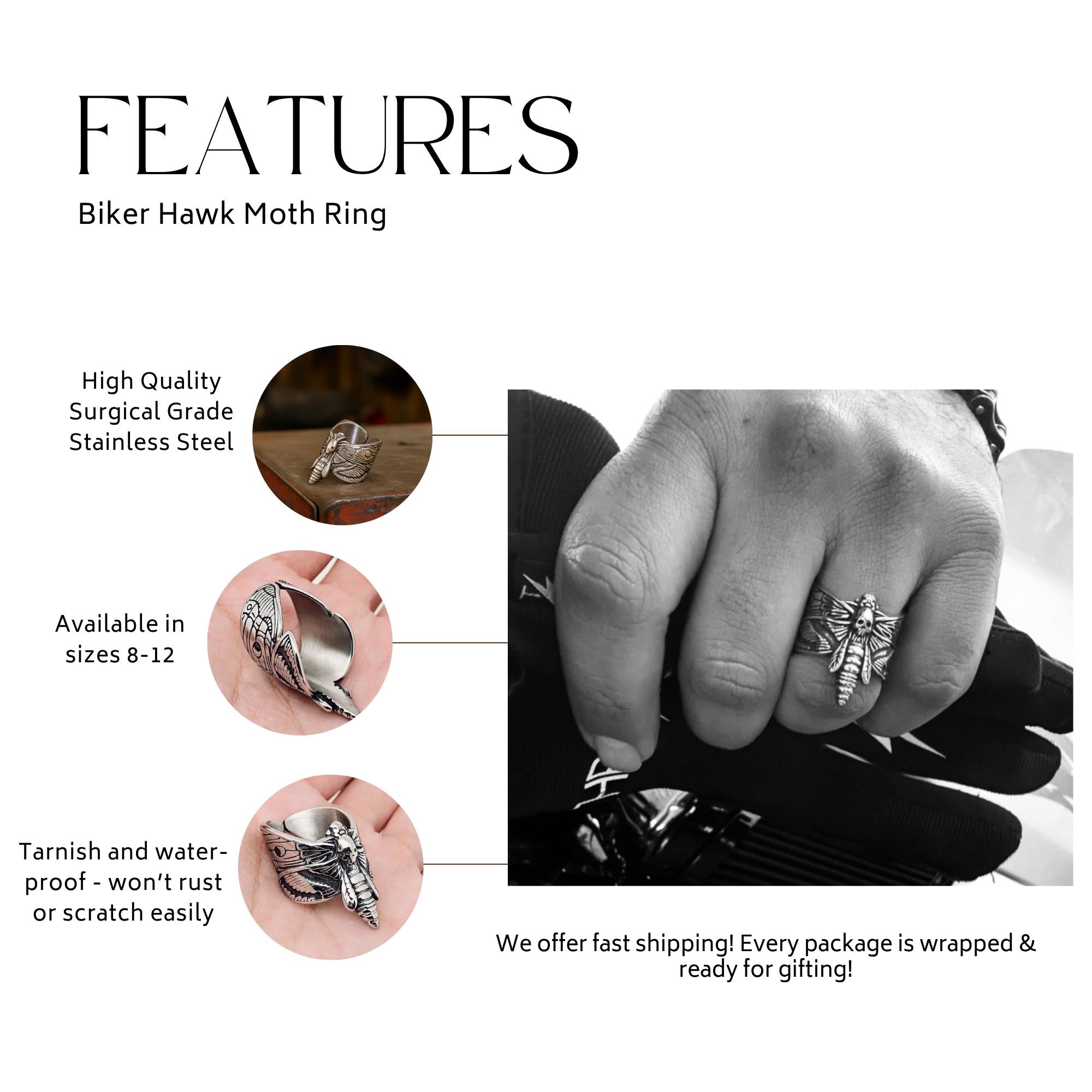 Biker Hawk Moth Ring for Men Stainless Steel Gothic Motorcycle Accessory Dead Butterfly Skull Design Biker Gift for Him