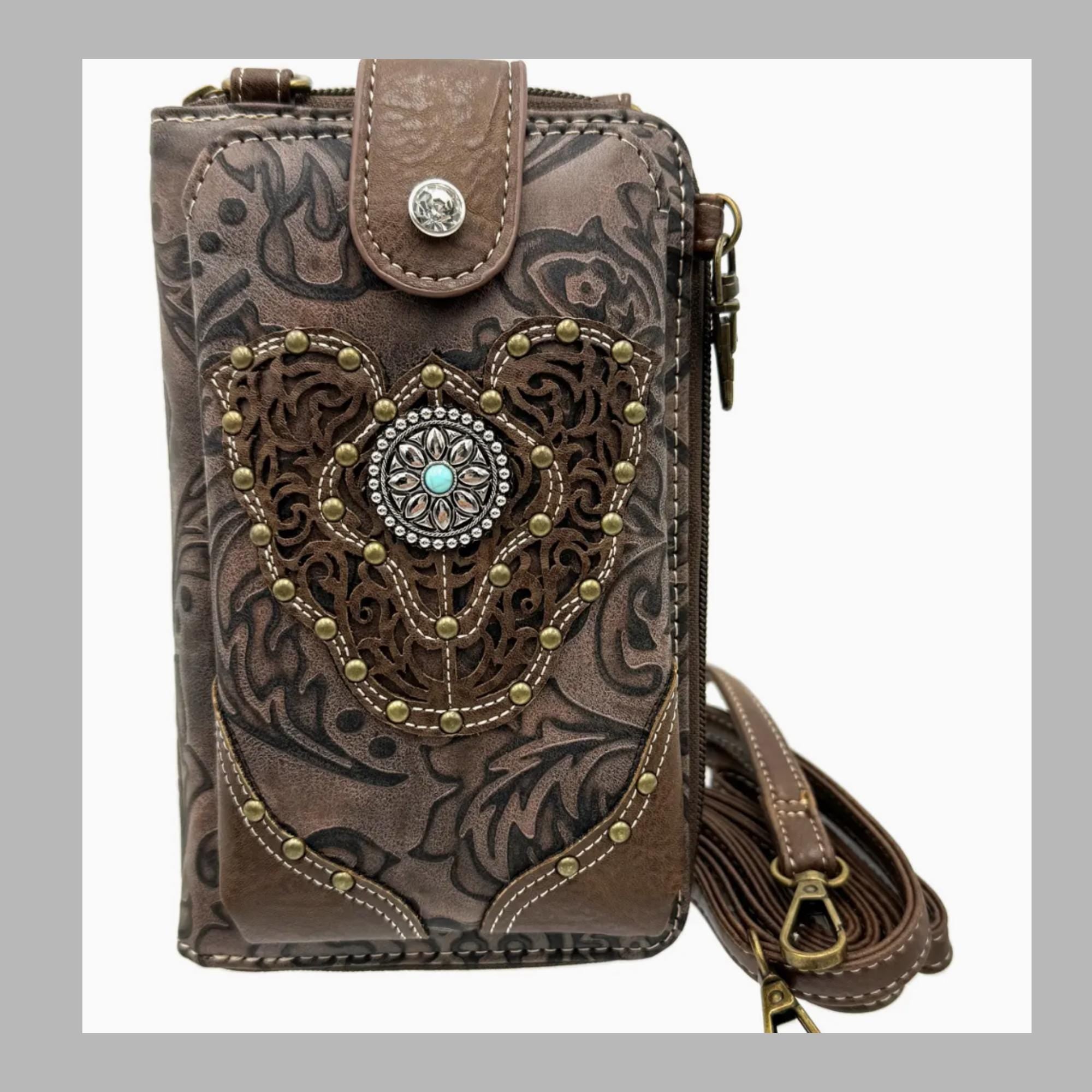 Tooled Leather Crossbody Bag: Western Turquoise Cowgirl Phone Purse
